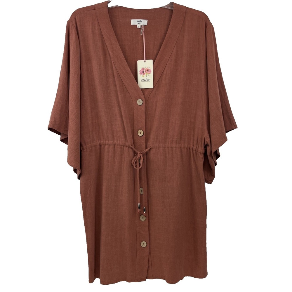 Entro Dress Size L NWT Women's Linen Blend in Rust Tie Waist Dolman Sleeve